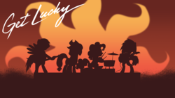 Size: 1920x1080 | Tagged: safe, artist:rdbrony16, applejack, dj pon-3, pinkie pie, rainbow dash, vinyl scratch, earth pony, pegasus, pony, unicorn, g4, background pony, bass guitar, daft punk, drums, female, get lucky, guitar, mare, musical instrument, nile rodgers, parody, pharrell williams, ponified, ponified single cover, single cover, wallpaper