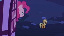 Size: 1100x618 | Tagged: safe, screencap, applejack, pinkie pie, pony, g4, party of one, butt, female, mare, out of context, plot