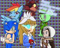 Size: 1274x1022 | Tagged: safe, artist:charlotterulesofteam, rainbow dash, oc, human, g4, assassin's creed, crossover, ezio auditore, five nights at freddy's, flippy, foxy, happy tree friends, knuckles the echidna, male, plushie, sans (undertale), silver the hedgehog, sonic the hedgehog, sonic the hedgehog (series), undertale