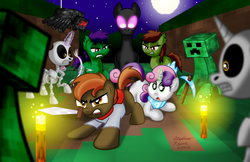 Size: 2000x1294 | Tagged: safe, artist:aleximusprime, button mash, sweetie belle, enderman, spider, zombie, don't mine at night, g4, armor, creeper, diamond armor, diamond pickaxe, endermane, female, male, minecraft, ship:sweetiemash, shipping, skeleton, straight, sword, torch, weapon