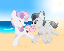 Size: 1024x819 | Tagged: safe, artist:sarikashy, rumble, sweetie belle, pegasus, pony, unicorn, g4, beach, blushing, colt, cutie mark, duo, eyes closed, female, filly, foal, male, open mouth, ship:rumbelle, shipping, straight, the cmc's cutie marks