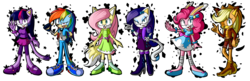 Size: 4000x1300 | Tagged: safe, artist:mysteryart716, applejack, fluttershy, pinkie pie, rainbow dash, rarity, twilight sparkle, cat, coyote, fox, hedgehog, mobian, rabbit, anthro, g4, animal, bracelet, bunnified, bunny pie, catified, clothes, cutie mark necklace, female, hat, high res, jewelry, mane six, one eye closed, shoes, simple background, sonic the hedgehog (series), sonicified, species swap, transparent background, vixen, wink