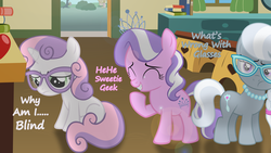 Size: 3840x2160 | Tagged: safe, artist:fabulouspony, artist:liggliluff, artist:midnight-star234, artist:ready2fail, diamond tiara, silver spoon, sweetie belle, earth pony, pony, unicorn, g4, bullying, dialogue, eyes closed, glasses, high res, lens flare, ponyville schoolhouse, raised hoof, trio