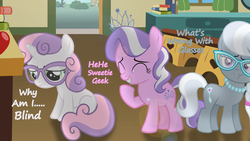 Size: 3840x2160 | Tagged: safe, artist:fabulouspony, artist:liggliluff, artist:midnight-star234, artist:ready2fail, diamond tiara, silver spoon, sweetie belle, earth pony, pony, unicorn, g4, bullying, dialogue, eyes closed, female, filly, foal, glasses, high res, lens flare, ponyville schoolhouse, raised hoof, trio