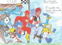 Size: 2106x1528 | Tagged: safe, artist:kinec, rainbow dash, g4, ben 10, crossover, delsin rowe, infamous second son, looney tunes, male, race, road runner, sonic the hedgehog, sonic the hedgehog (series), speedy gonzales, spongebob squarepants, the flash, the quickster, xlr8