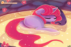 Size: 1125x750 | Tagged: safe, artist:lumineko, oc, oc only, dragon, pony, unicorn, adoptable, blank flank, butt, curled up, cute, female, patreon, patreon logo, plot, sleeping, solo, swimming pool