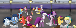 Size: 1940x724 | Tagged: safe, artist:stuflox, apple bloom, big macintosh, cheerilee, derpy hooves, pinkie pie, rainbow dash, rarity, scootaloo, soarin', starlight glimmer, sweetie belle, twilight sparkle, earth pony, pony, g4, clothes, crossover, cutie mark crusaders, dr jekyll and mr hyde, dress, female, implied lesbian, implied raripie, implied shipping, lesbian, male, pinkamena diane pie, ship:raripie, shipping, stallion