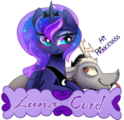 Size: 1200x1168 | Tagged: safe, artist:elementalokami, discord, princess luna, g4, cute, female, male, ship:lunacord, shipping, straight