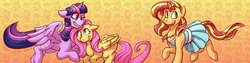 Size: 3000x750 | Tagged: safe, artist:overlordneon, fluttershy, sunset shimmer, twilight sparkle, alicorn, pegasus, pony, unicorn, series:who we become, g4, clothes, cute, dress, female, lesbian, polyamory, shimmerbetes, ship:sunsetsparkle, ship:sunshyne, ship:twishy, shipping, shyabetes, twiabetes, twilight sparkle (alicorn), twishyset