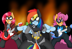 Size: 3000x2036 | Tagged: safe, artist:blackbewhite2k7, babs seed, rainbow dash, scootaloo, pony, g4, band, batman, batmare, batmetal, bipedal, crossover, duckface, fire, guitar, high res, microphone, musical instrument, older, parody, red hood