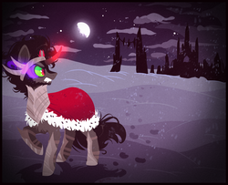 Size: 1333x1080 | Tagged: safe, artist:tay-niko-yanuciq, king sombra, g4, crystal empire, fluffy, gritted teeth, male, moon, night, snow, snowfall, solo