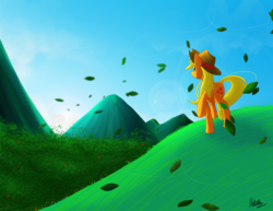 Size: 3300x2550 | Tagged: safe, artist:neko-luvz, applejack, g4, female, hill, leaves, scenery, solo