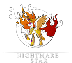 Size: 958x834 | Tagged: safe, artist:zidanemina, nightmare star, g4, mane of fire, raised hoof, simple background, solo, spread wings, transparent background