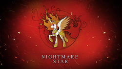 Size: 3840x2160 | Tagged: safe, artist:zidanemina, nightmare star, g4, high res, mane of fire, raised hoof, solo, spread wings, wallpaper
