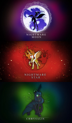 Size: 3840x6480 | Tagged: safe, artist:zidanemina, nightmare moon, nightmare star, queen chrysalis, g4, clothes, dress, raised hoof, rearing, spread wings, thorn