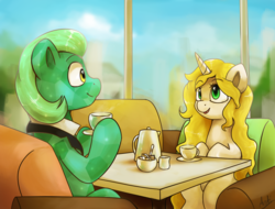 Size: 1518x1155 | Tagged: safe, artist:anticular, oc, oc only, oc:peridot prim, oc:scheherazade, crystal pony, pony, unicorn, cafe, female, food, male, oc x oc, shipping, straight, tea