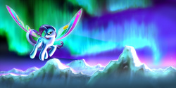 Size: 1600x800 | Tagged: safe, artist:pyrestorm, rarity, g4, aurora borealis, color porn, female, flying, gossamer wings, looking back, mountain, mountain range, scenery, solo