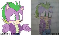 Size: 1432x861 | Tagged: safe, artist:atomiclance, artist:catanobro10, spike, anthro, g4, comparison, sonic the hedgehog, sonic the hedgehog (series), sonicified, traditional art
