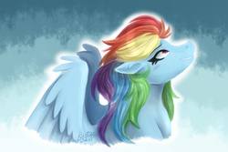 Size: 1500x1000 | Tagged: safe, artist:monnarcha, rainbow dash, g4, cute, dashabetes, female, looking up, signature, smiling, solo