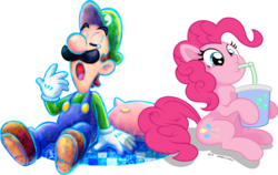 Size: 1119x708 | Tagged: safe, artist:atmospark, pinkie pie, g4, crossover, luigi, male, mario & luigi, mario & luigi: dream team, super mario