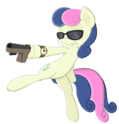 Size: 3929x4114 | Tagged: safe, artist:overlord-derpy, bon bon, sweetie drops, earth pony, pony, g4, bipedal, colored, cutie mark, drawing, female, glock, gun, handgun, hooves, mare, pistol, revolver, secret agent sweetie drops, simple background, solo, sunglasses, teeth, transparent background, watch, weapon, who needs trigger fingers