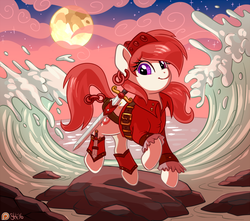 Size: 962x851 | Tagged: safe, artist:sorcerushorserus, oc, oc only, oc:rosa lanzar, earth pony, pony, clothes, coat, dagger, ear piercing, earring, female, jewelry, knife, looking at you, mare, moon, ocean, piercing, rock, smiling, solo, sword, wave, weapon