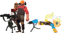 Size: 1508x794 | Tagged: safe, artist:smashinator, edit, vector edit, applejack, g4, crossover, engiejack, engineer, engineer (tf2), simple background, team fortress 2, transparent background, vector