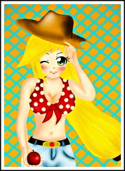 Size: 1782x2436 | Tagged: safe, artist:pinkcupcake17, applejack, human, g4, apple, female, food, humanized, solo