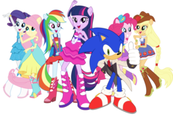 Size: 1620x1080 | Tagged: safe, artist:snicket324, artist:sugar-loop, edit, vector edit, applejack, fluttershy, pinkie pie, rainbow dash, rarity, twilight sparkle, equestria girls, g4, boots, bracelet, clothes, cowboy boots, cowboy hat, crossover, dress, fall formal outfits, hat, high heel boots, humane five, humane six, jewelry, male, sega, shoes, simple background, sonic the hedgehog, sonic the hedgehog (series), transparent background, vector