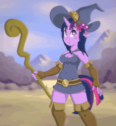 Size: 694x750 | Tagged: safe, artist:omegaozone, twilight sparkle, anthro, g4, animated, female, frame by frame, gif, hat, solo, staff, wizard