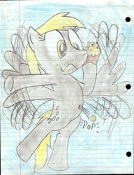Size: 1690x2204 | Tagged: safe, artist:comedyestudios, derpy hooves, pegasus, pony, g4, belly button, female, food, lined paper, mare, muffin, solo, traditional art
