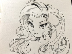Size: 1280x960 | Tagged: safe, artist:zakro, rarity, equestria girls, g4, bust, female, looking at you, monochrome, portrait, solo, traditional art