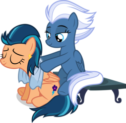 Size: 3576x3500 | Tagged: safe, artist:ambassad0r, indigo zap, night glider, pony, equestria girls, g4, .svg available, bedroom eyes, bench, cute, duo, ear piercing, equestria girls ponified, eyes closed, high res, massage, piercing, ponified, ponyscape, relaxing, simple background, sitting, towel, transparent background, vector