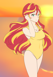 Size: 1280x1860 | Tagged: safe, artist:jonfawkes, sunset shimmer, human, equestria girls, g4, beach, breasts, busty sunset shimmer, cleavage, clothes, cute, female, humanized, looking at you, one-piece swimsuit, shimmerbetes, smiling, solo, sunset, swimsuit, yellow swimsuit
