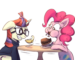 Size: 1000x800 | Tagged: safe, artist:cheshiresdesires, moondancer, pinkie pie, g4, cake, duo, duo female, eating, female, food, messy eating, pinkie being pinkie