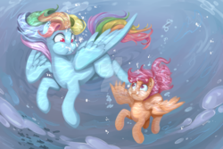 Size: 1600x1067 | Tagged: safe, artist:glacierclear, rainbow dash, scootaloo, pegasus, pony, g4, bubble, deviantart watermark, female, filly, mare, obtrusive watermark, underwater, water, watermark