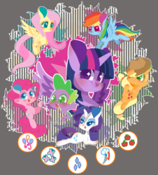 Size: 1600x1772 | Tagged: safe, artist:snow angel, applejack, fluttershy, pinkie pie, rainbow dash, rarity, spike, twilight sparkle, alicorn, pony, g4, chibi, cutie mark, mane seven, starry eyes, twilight sparkle (alicorn), wingding eyes