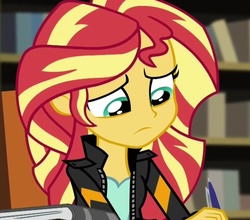 Size: 796x700 | Tagged: safe, screencap, sunset shimmer, equestria girls, g4, my little pony equestria girls: friendship games, female, sad, solo, writing