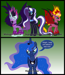 Size: 2000x2301 | Tagged: safe, artist:mlp-silver-quill, idw, nightmare rarity, princess luna, sci-twi, sunset shimmer, twilight sparkle, pony, equestria girls, g4, my little pony equestria girls: friendship games, before it was cool, comic, equestria girls ponified, high res, hipster, midnight sparkle, ponified, sunset satan