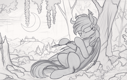 Size: 1280x808 | Tagged: safe, artist:yakovlev-vad, oc, oc only, bat pony, pony, flute, monochrome, musical instrument, sketch