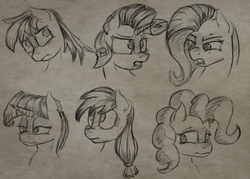 Size: 1301x930 | Tagged: safe, artist:post-it, applejack, fluttershy, pinkie pie, rainbow dash, rarity, twilight sparkle, g4, monochrome, sketch, sketch dump