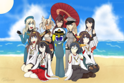 Size: 3000x2000 | Tagged: safe, artist:shellythewolf1, oc, oc only, oc:steadfast, human, atago, beach, bismarck, fuso, haruna, hiei, high res, kantai collection, kirishima, kongou, lucky bastard, male, musashi (kantai collection), ocean, stallion, umbrella, yamato