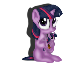 Size: 1024x866 | Tagged: safe, artist:inurantchan, twilight sparkle, alicorn, pony, g4, acorn, cute, female, filly, filly twilight sparkle, hnnng, plushie, pun, solo, time paradox, twilight sparkle (alicorn), visual pun, younger