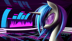 Size: 1944x1111 | Tagged: safe, artist:zigword, dj pon-3, vinyl scratch, pony, unicorn, g4, abstract background, bust, female, horn, mare, portrait, solo, sunglasses
