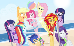 Size: 1440x900 | Tagged: safe, artist:dm29, applejack, flash sentry, fluttershy, pinkie pie, rainbow dash, rarity, sci-twi, spike, sunset shimmer, twilight sparkle, dog, equestria girls, g4, my little pony equestria girls: friendship games, my little pony equestria girls: rainbow rocks, beach, beach volleyball, belly button, bikini, circling stars, cleavage, clothes, dazed, down under summer, female, flash sentry gets all the mares, harem, hilarious in hindsight, midriff, one-piece swimsuit, sandals, self paradox, shorts, spike the dog, swimsuit, twilight sparkle (alicorn), twolight