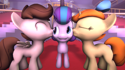 Size: 1920x1080 | Tagged: safe, artist:viranimation, pound cake, princess flurry heart, pumpkin cake, g4, 3d, bisexual, bisexual female, cheek kiss, colt, female, filly, flurry heart gets all the foals, kiss sandwich, kissing, lesbian, lesbian in front of boys, male, older, older flurry heart, older pound cake, older pumpkin cake, ot3, ship:poundflurry, ship:pumpkin heart, ship:pumpoundurry, shipping, source filmmaker, straight