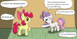 Size: 1600x817 | Tagged: safe, artist:echo-saan, apple bloom, sweetie belle, earth pony, pony, unicorn, g4, clubhouse, comic, crusaders clubhouse, dialogue, speech bubble