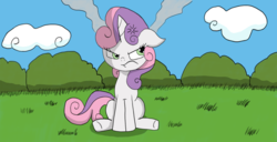 Size: 1600x817 | Tagged: safe, artist:echo-saan, sweetie belle, pony, unicorn, g4, angry, cloud, cross-popping veins, ear steam, female, solo, steam, sweetie belle is not amused