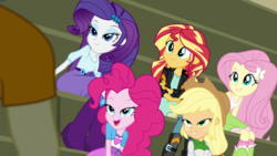 Size: 1280x720 | Tagged: safe, screencap, applejack, fluttershy, pinkie pie, rarity, sunset shimmer, equestria girls, g4, my little pony equestria girls: friendship games, bedroom eyes, boots, female, high heel boots, lidded eyes