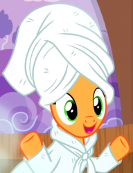 Size: 552x720 | Tagged: safe, screencap, applejack, earth pony, pony, applejack's "day" off, g4, clothes, cropped, cute, female, mare, robe, solo, towel